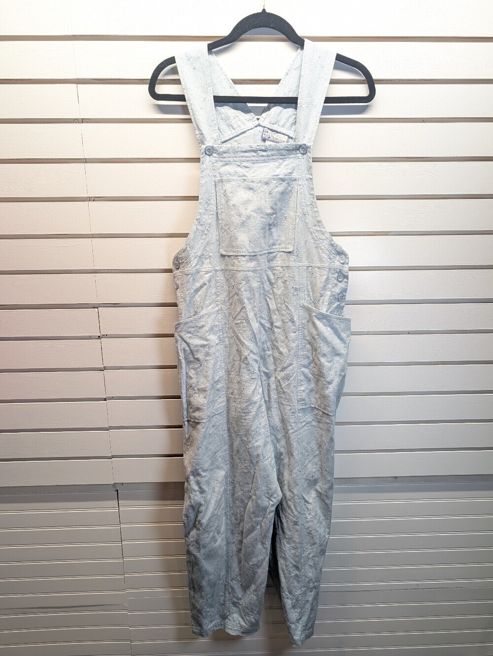 April Cornell Vintage Linen Blend Eyelet Cottagecore Slate Blue Overalls XS EUC